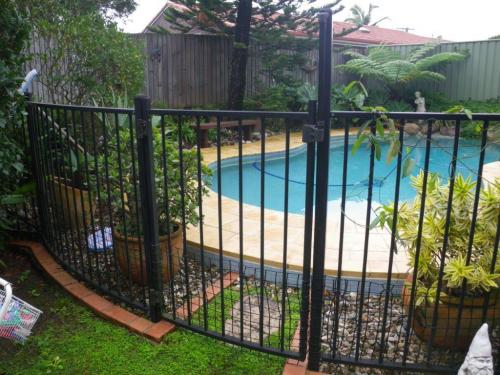 Plastic mesh secured to bottom of pool fence & gate – pot plants also within 300mm