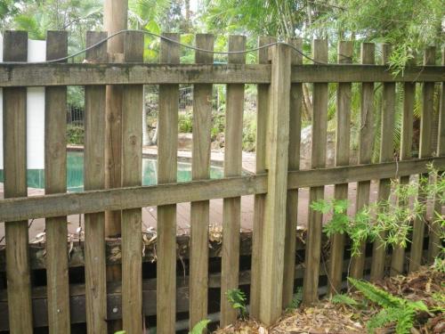 Non compliant fencing as numerous footholds exist between ground level, the decking & the mid rail of the fence. The fence is also not 1200mm above the deck height